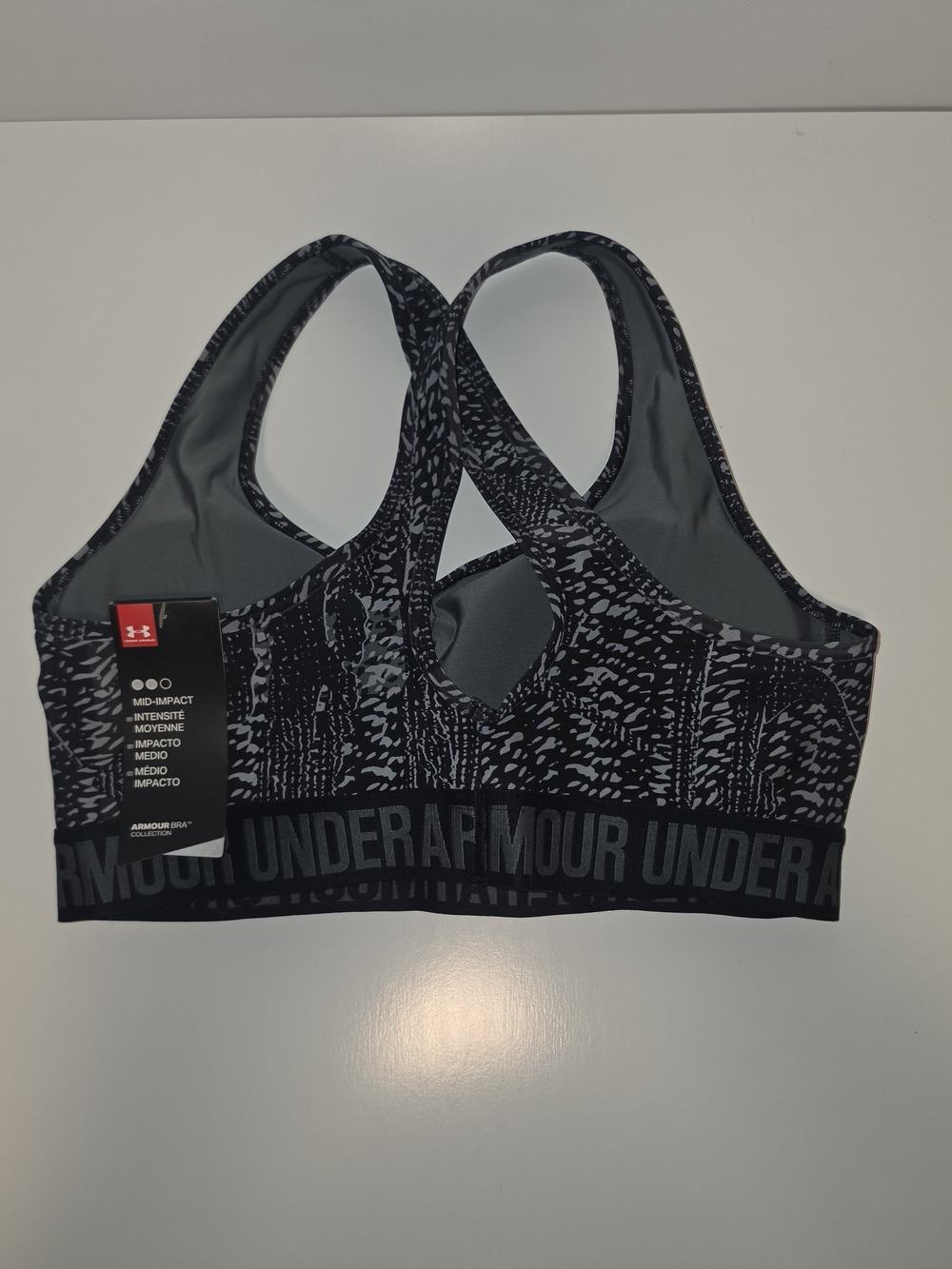 NWT Under Armour Mid-Impact Sports Bra Black Gray Print Logo Band Size L - Picture 8 of 10